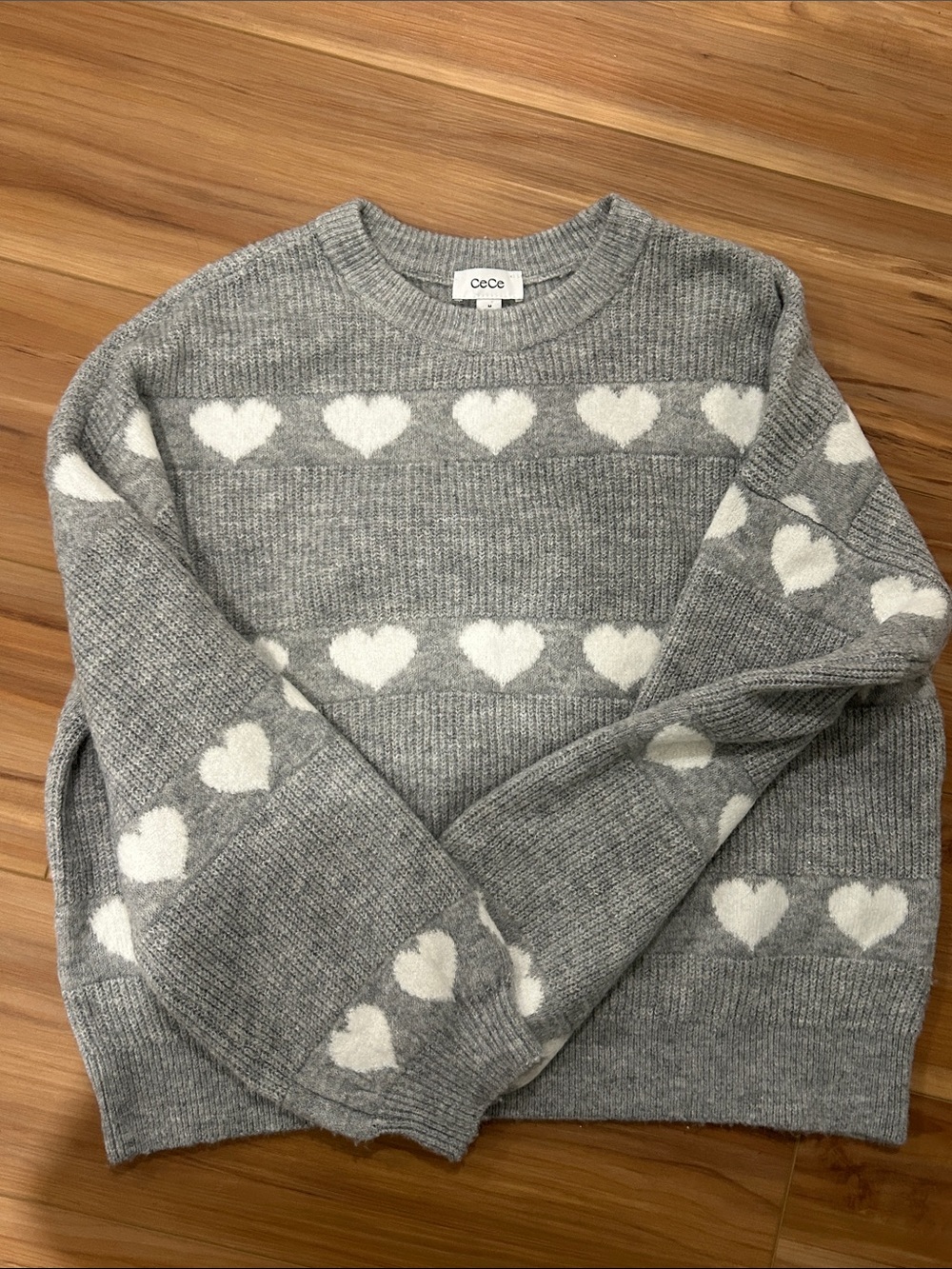 CeCe Gray Sweater with White Heart Stripes